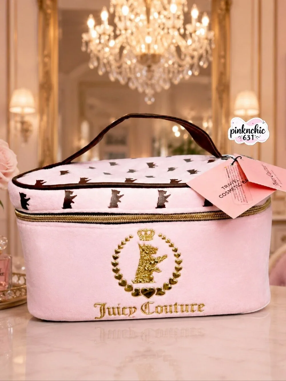 Juicy Couture Makeup Bag Cosmetic Case Scottie Dogs Pink Gold Foil Logo Charms